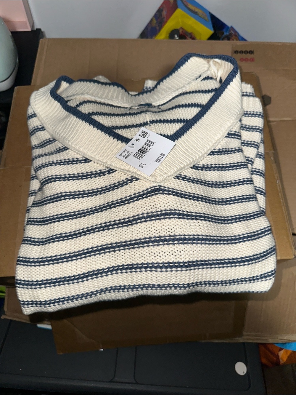 American Eagle Outfitters Cream and Navy Striped V-Neck Sweater